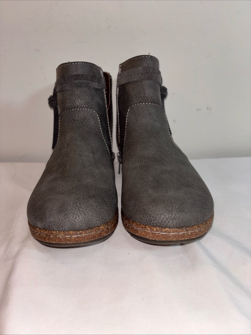 B.O.C Gray Ankle Boots with Cork Trim. 7/8